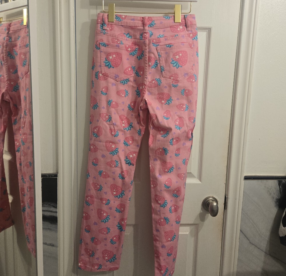 Sugar Thrillz Pink Strawberry Print Straight Leg Jeans - Picture 2 of 7